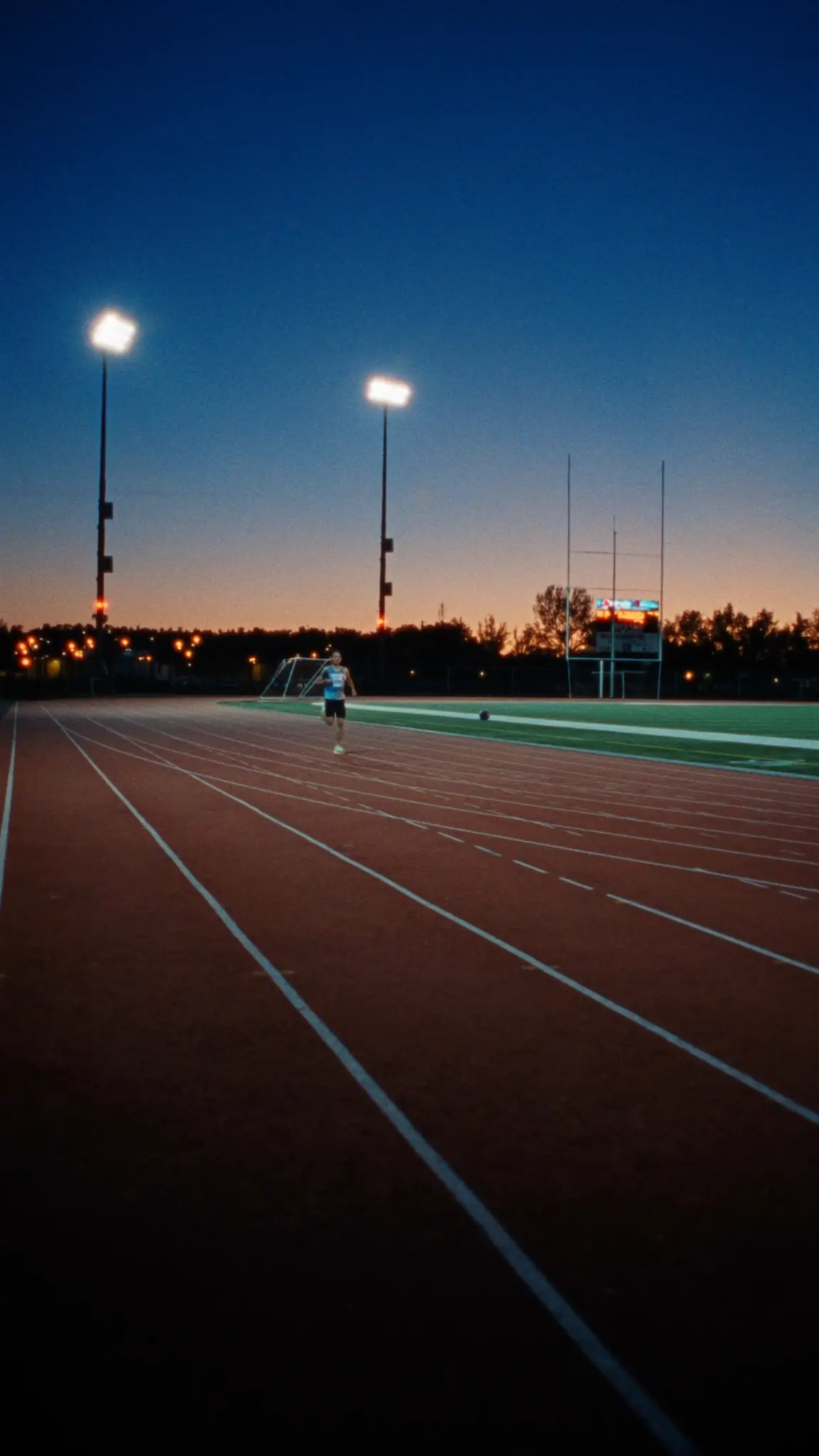 Floodlights on over a running track at nightfall, a runner in the distance