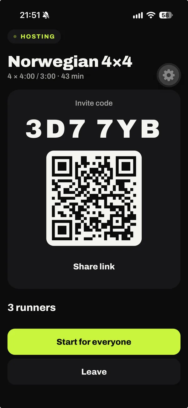 The host's lobby with the invite code, QR code and share link