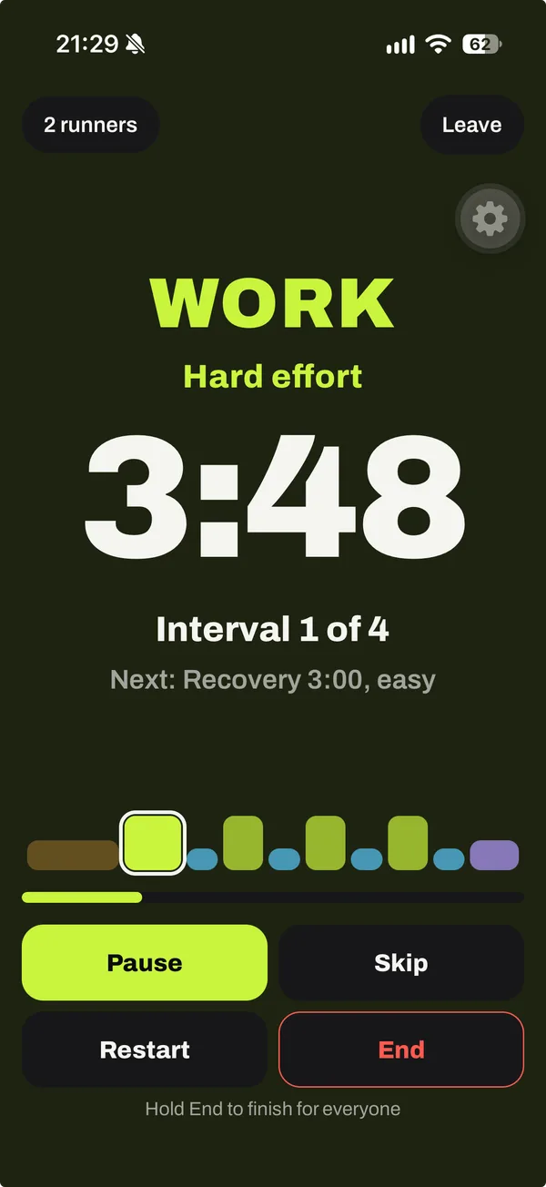 The workout screen counting down a work interval